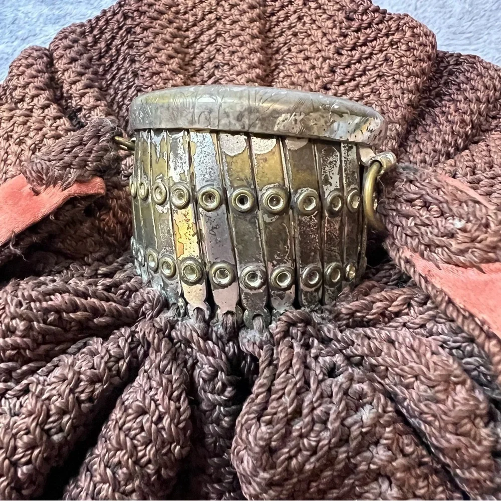 Victorian Brown Crochet Reticule Purse with Ornate Hinged Metal Lid